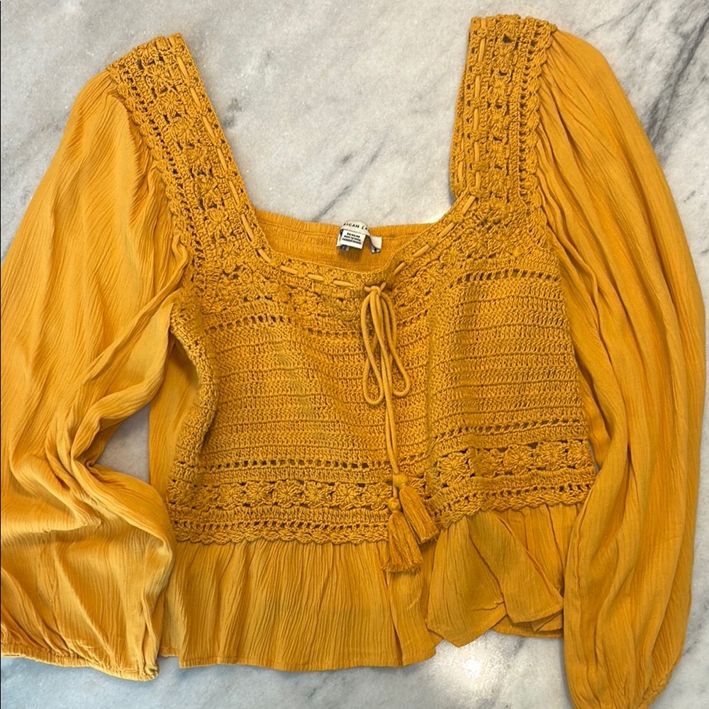 American Eagle Mustard Yellow Crochet Blouse